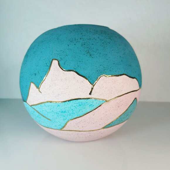 Vintage Southwest Pottery Round Ceramic Vase Gold Trim Mountain Desert Scene - Picture 2 of 6